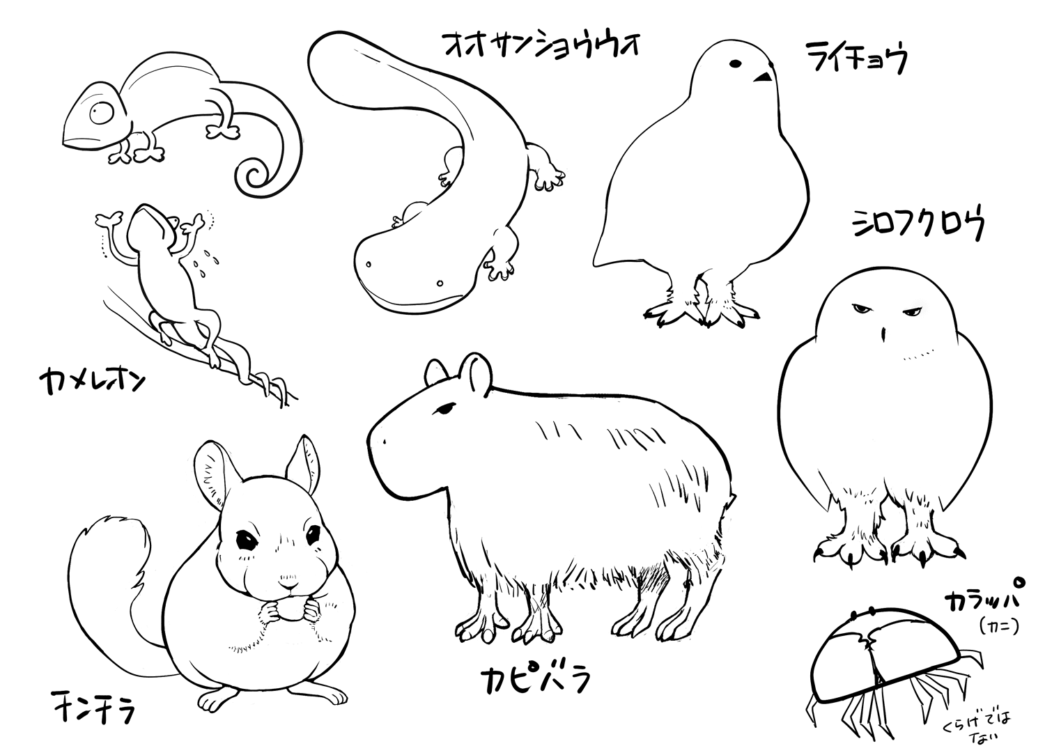 カピバラ、カメレオンなど手のかわいい小動物のイラスト