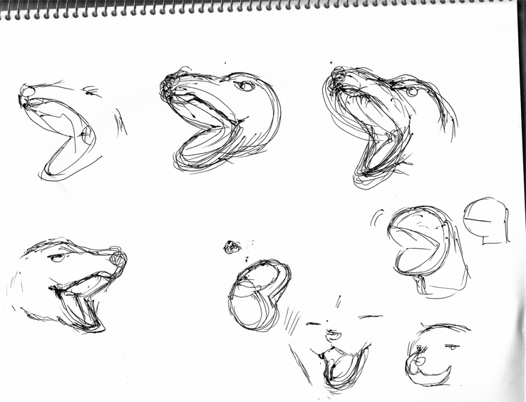 大きく口を開けた動物の顔を描く練習画